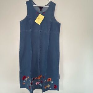 Denim&Co Blue Chambray Denim Sleeveless Dress Red Warm Floral Embroidery Cotton